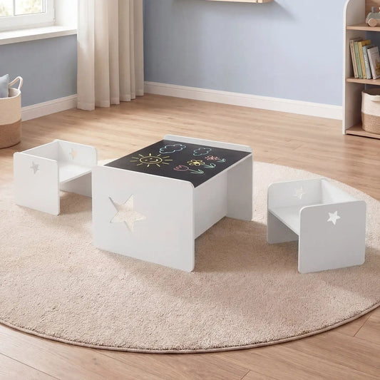 DirectDeals 3-Piece Kids Table and Chair Set; white table with chalkboard top and 2 chairs on Tampa Home & Garden Store