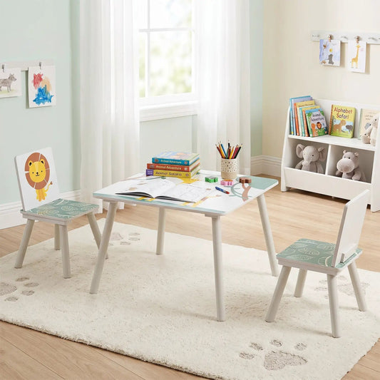 Kids Table and Chair Set with Animal Patterns, 3-Piece, DirectDeals, white with teal accents on Tampa Home & Garden Store