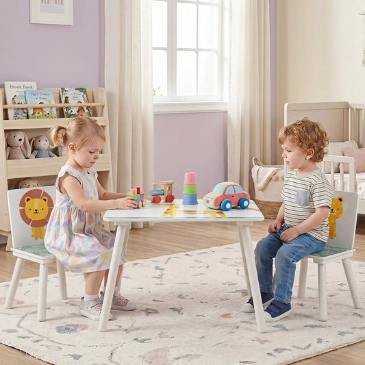 Kids Table and Chair Set with Animal Patterns, white wooden 3-piece set with lion-print chairs on Tampa Home & Garden Store