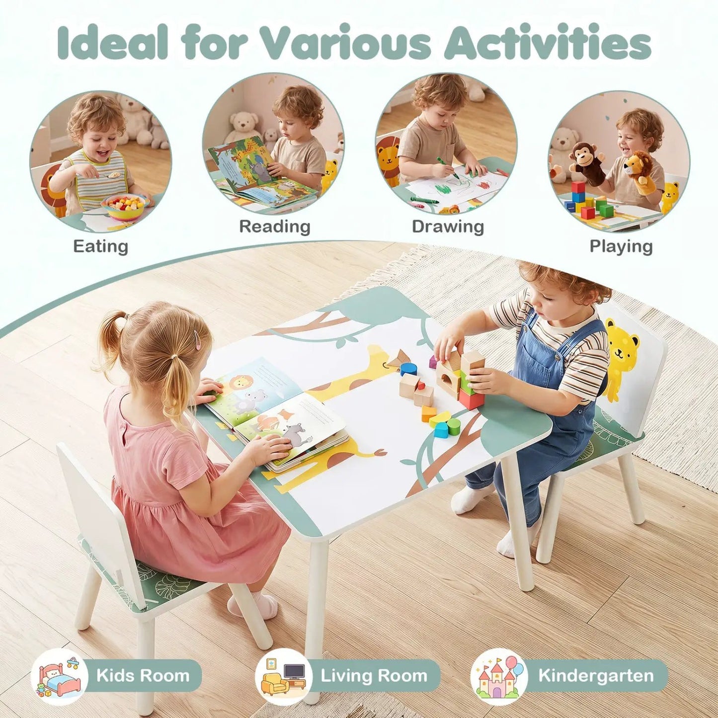 Kids Table and Chair Set With Animal Patterns