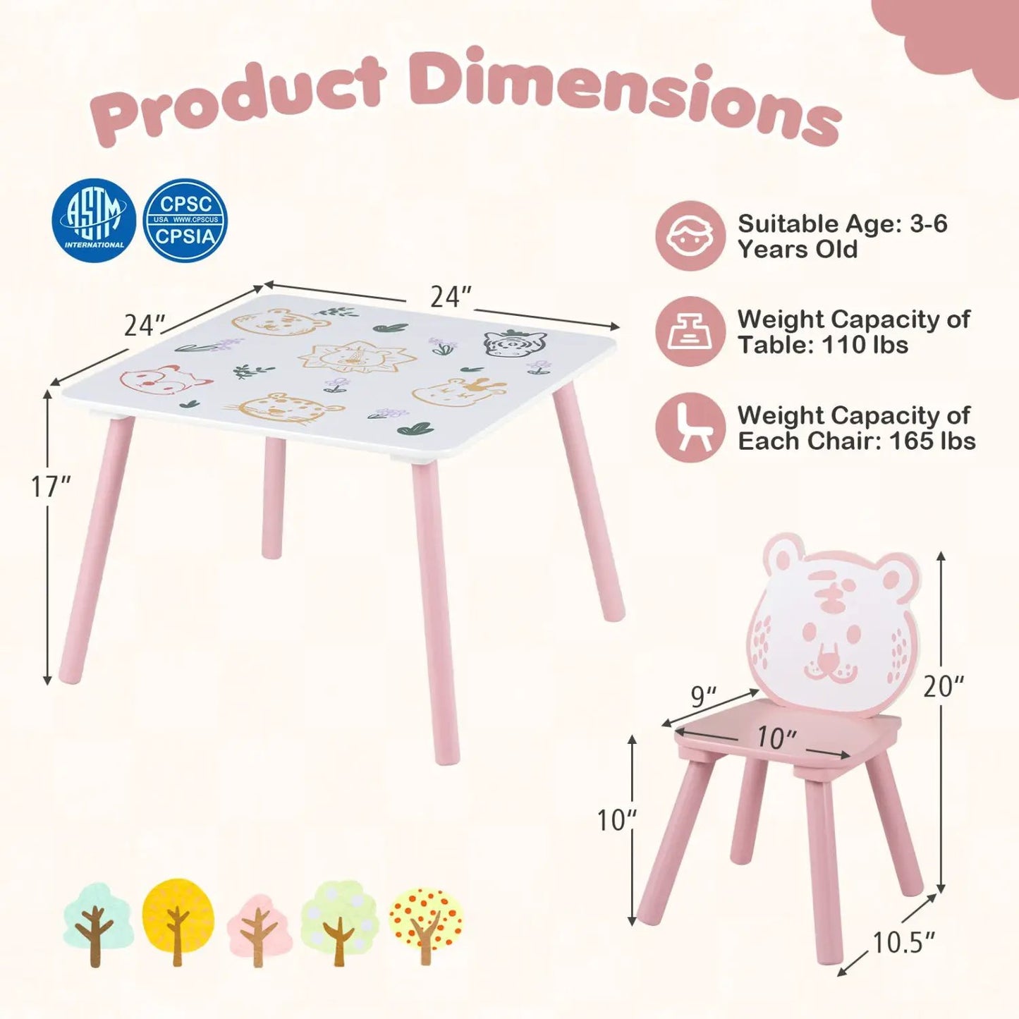 Kids Table and Chair Set with Animal Patterns