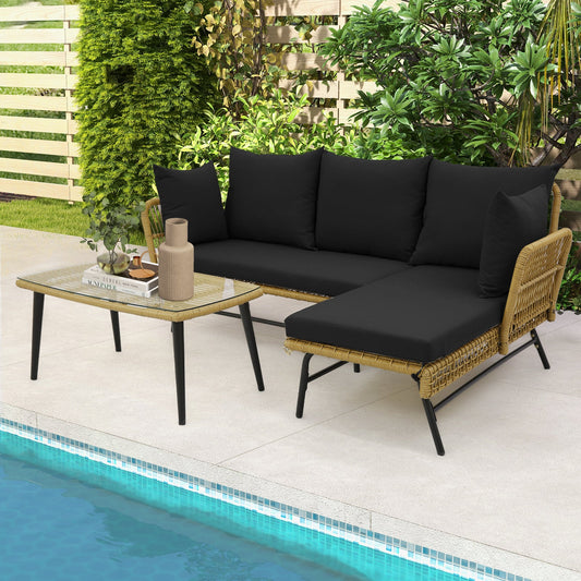 3 Pieces L-Shaped Patio Sofa with Cushions and Tempered Glass Table-Black - Tampa Home & Garden Store