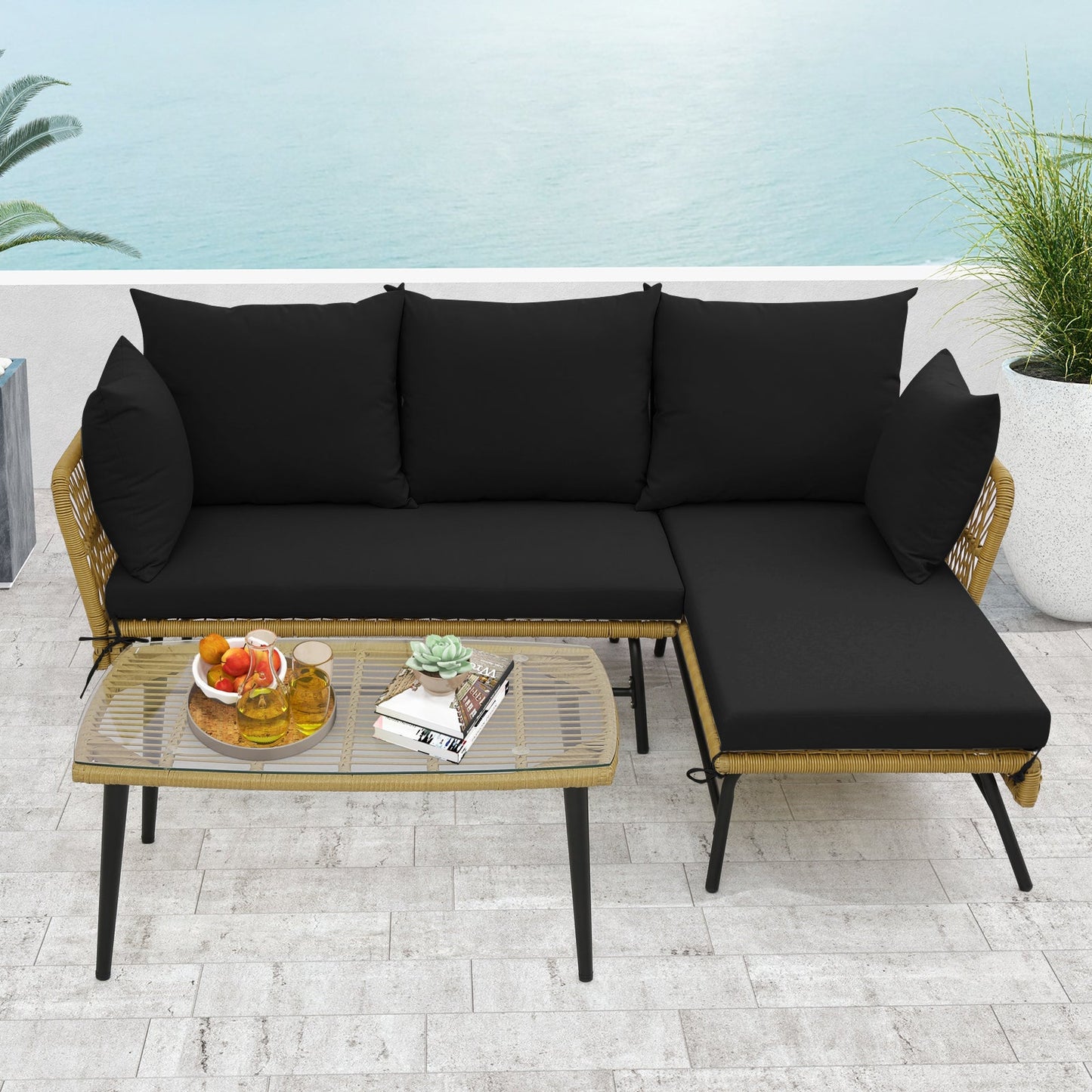 Sofá de patio en forma de L de 3 piezas con cojines y mesa de cristal templado - Negro