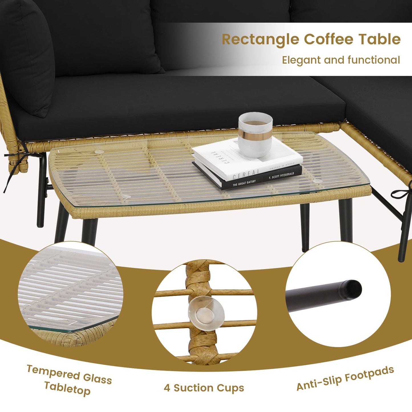 Sofá de patio en forma de L de 3 piezas con cojines y mesa de cristal templado - Negro