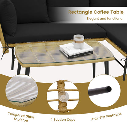 Sofá de patio en forma de L de 3 piezas con cojines y mesa de cristal templado - Negro