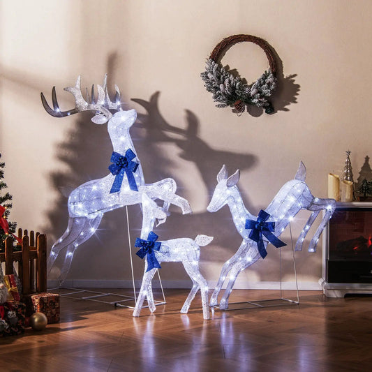 Three-piece white LED lighted reindeer set with blue bows and 255 lights DirectDeals Nativity on Tampa Home & Garden Store