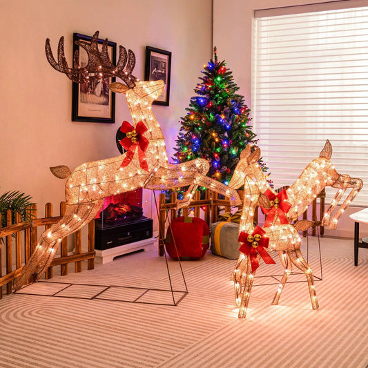 3-piece lighted reindeer family set with 255 lights, gold glitter wireframes, red bows on Tampa Home & Garden Store
