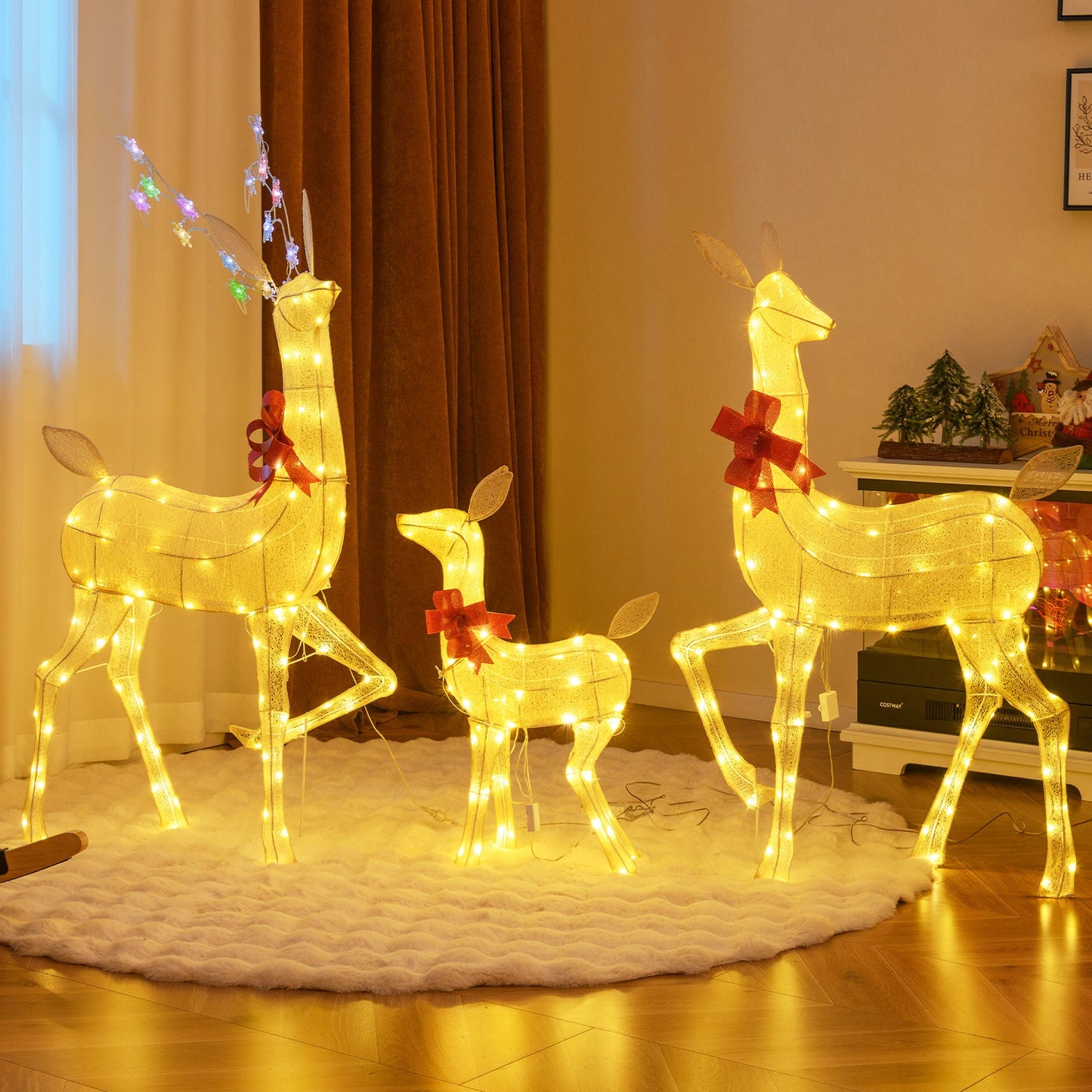 3 Pieces Lighted Family Deer Set with LED Lights and RGB Flashing Lights