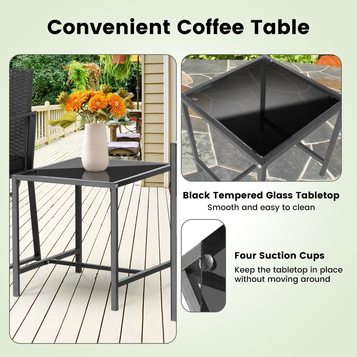 Juego de muebles de patio moderno de 3 piezas de alta resistencia con mesa de centro - Negro