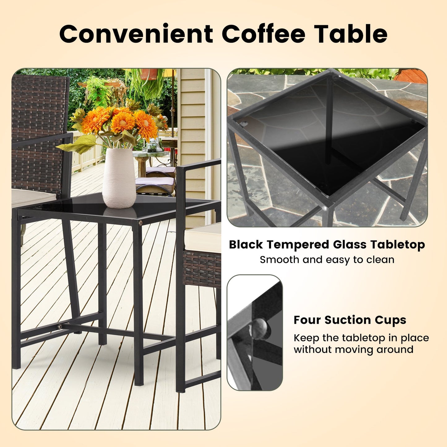 Juego de muebles de patio moderno de 3 piezas de alta resistencia con mesa de centro - Negro
