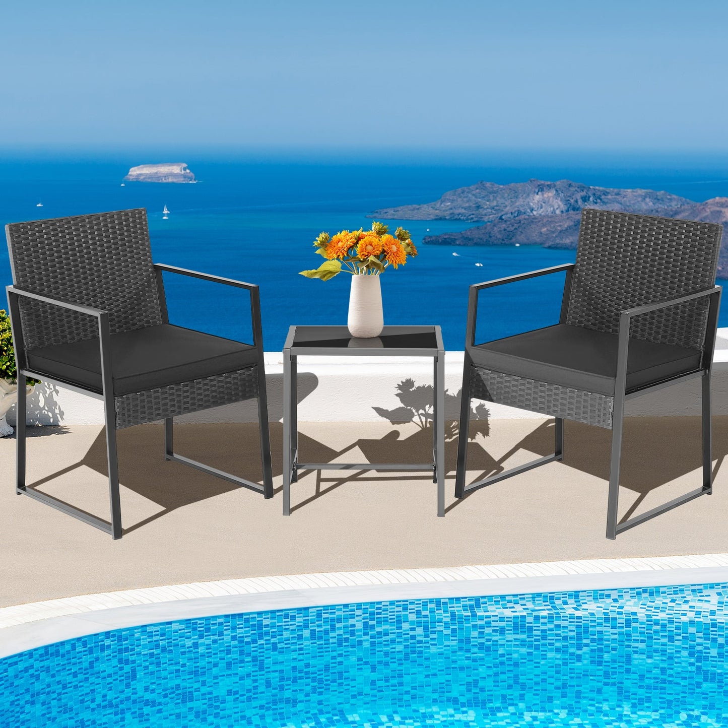 Juego de muebles de patio moderno de 3 piezas de alta resistencia con mesa de centro - Negro
