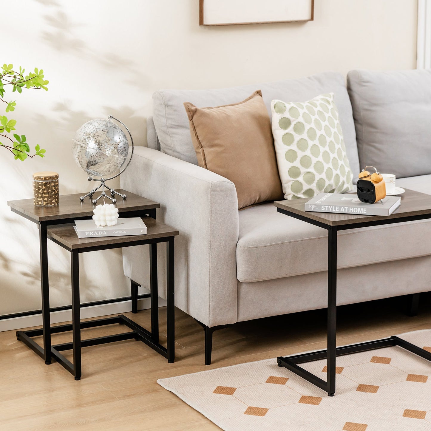 3 Pieces Multifunctional Coffee End Table Set-Oak