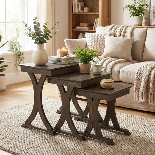 3 Pieces Nesting Coffee Table Side Table with Solid Rubber Wood Legs-Brown - Tampa Home & Garden Store
