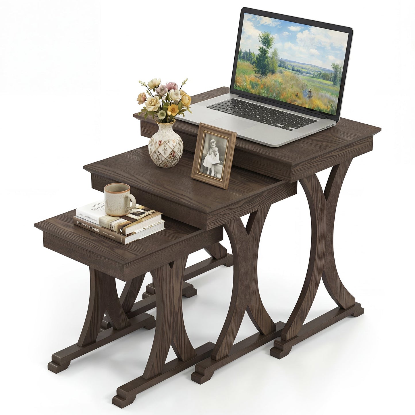 3 Pieces Nesting Coffee Table Side Table with Solid Rubber Wood Legs-Brown