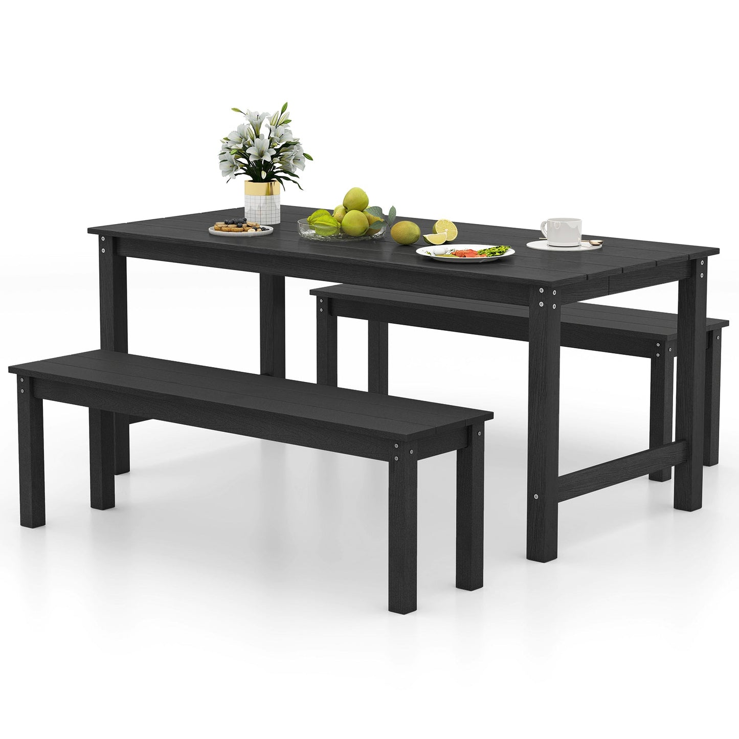 3 Pieces Outdoor Dining Table Set with 2 Benches