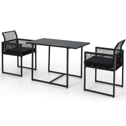 3 Pieces Outdoor Dining Set with Folding Backrest and Seat Cushions-Black