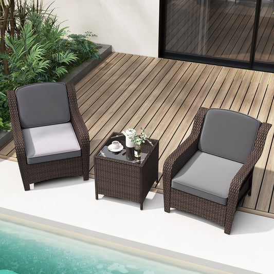 3 Pieces Outdoor Rattan Furniture Set with Cushions and Tempered Glass Coffee Table-Gray - Tampa Home & Garden Store