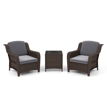 Juego de muebles de ratán para exteriores de 3 piezas con cojines y mesa de centro de vidrio templado-gris
