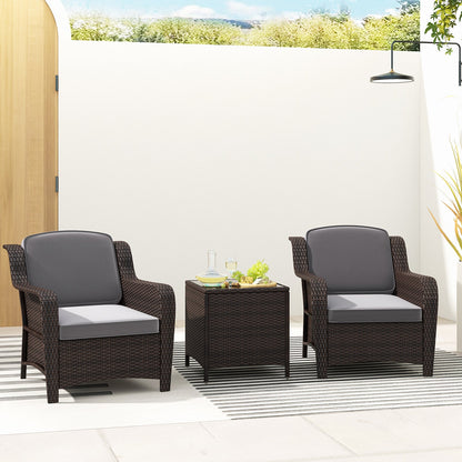 Juego de muebles de ratán para exteriores de 3 piezas con cojines y mesa de centro de vidrio templado-gris
