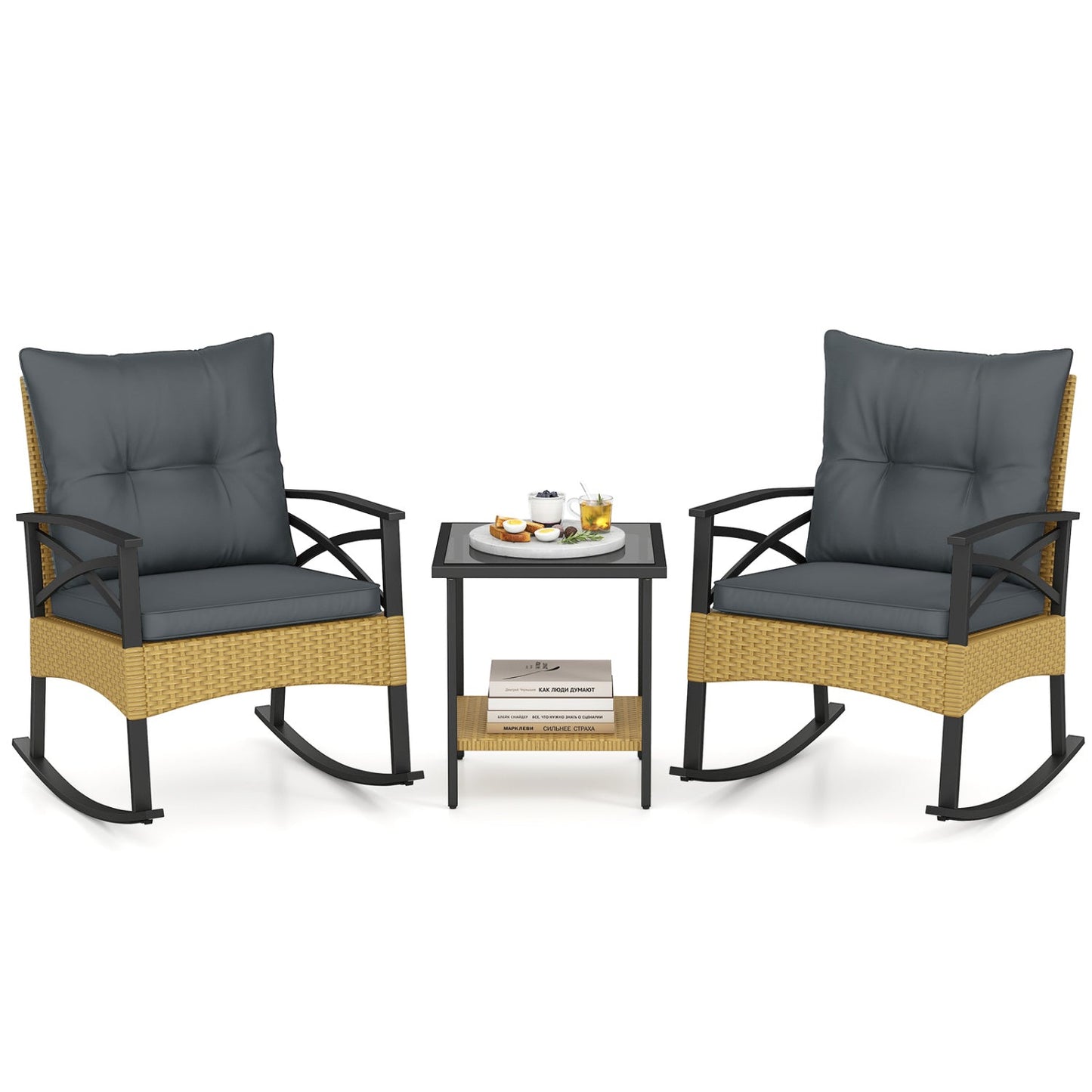 3 Pieces Outdoor Rattan Rocking Chairs Set with 2-Tier Side Table for Garden Backyard