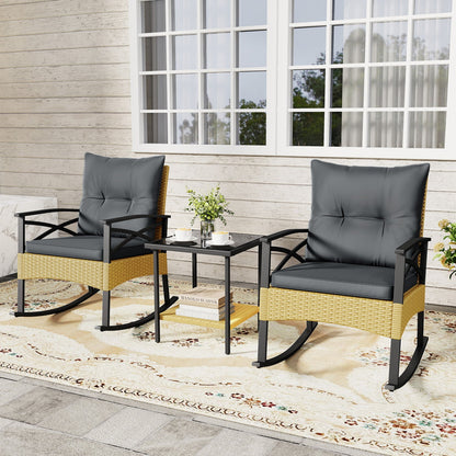 3 Pieces Outdoor Rattan Rocking Chairs Set with 2-Tier Side Table for Garden Backyard