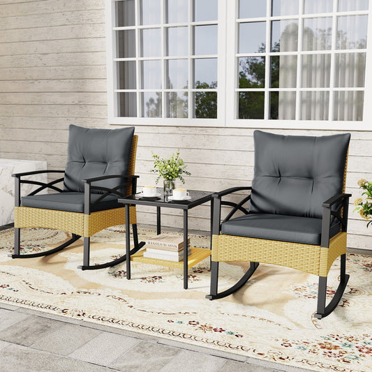 3 Pieces Outdoor Rattan Rocking Chairs Set with 2-Tier Side Table for Garden Backyard - Tampa Home & Garden Store