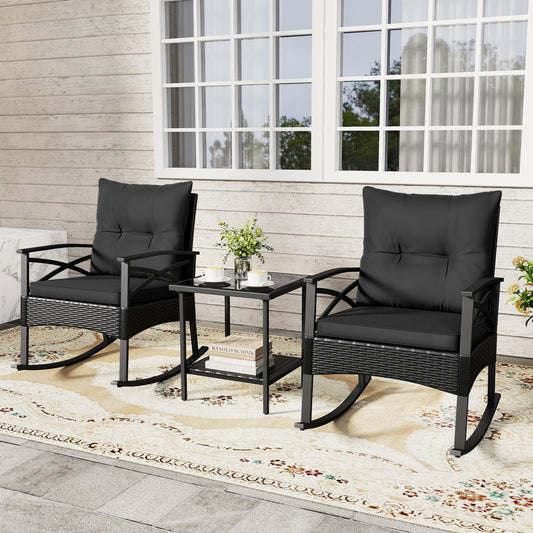 3 Pieces Outdoor Rattan Rocking Chairs Set with 2-Tier Side Table for Garden Backyard - Tampa Home & Garden Store