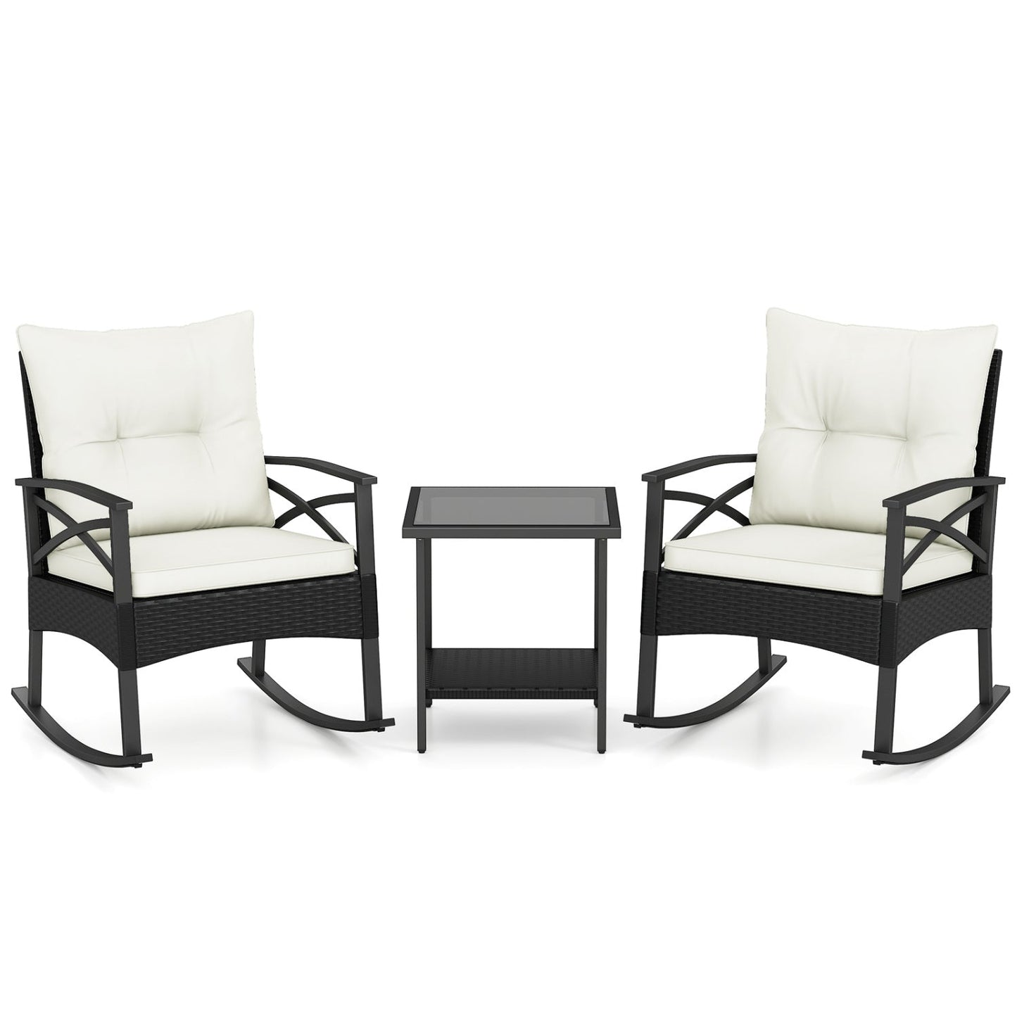 3 Pieces Outdoor Rattan Rocking Chairs Set with 2-Tier Side Table for Garden Backyard
