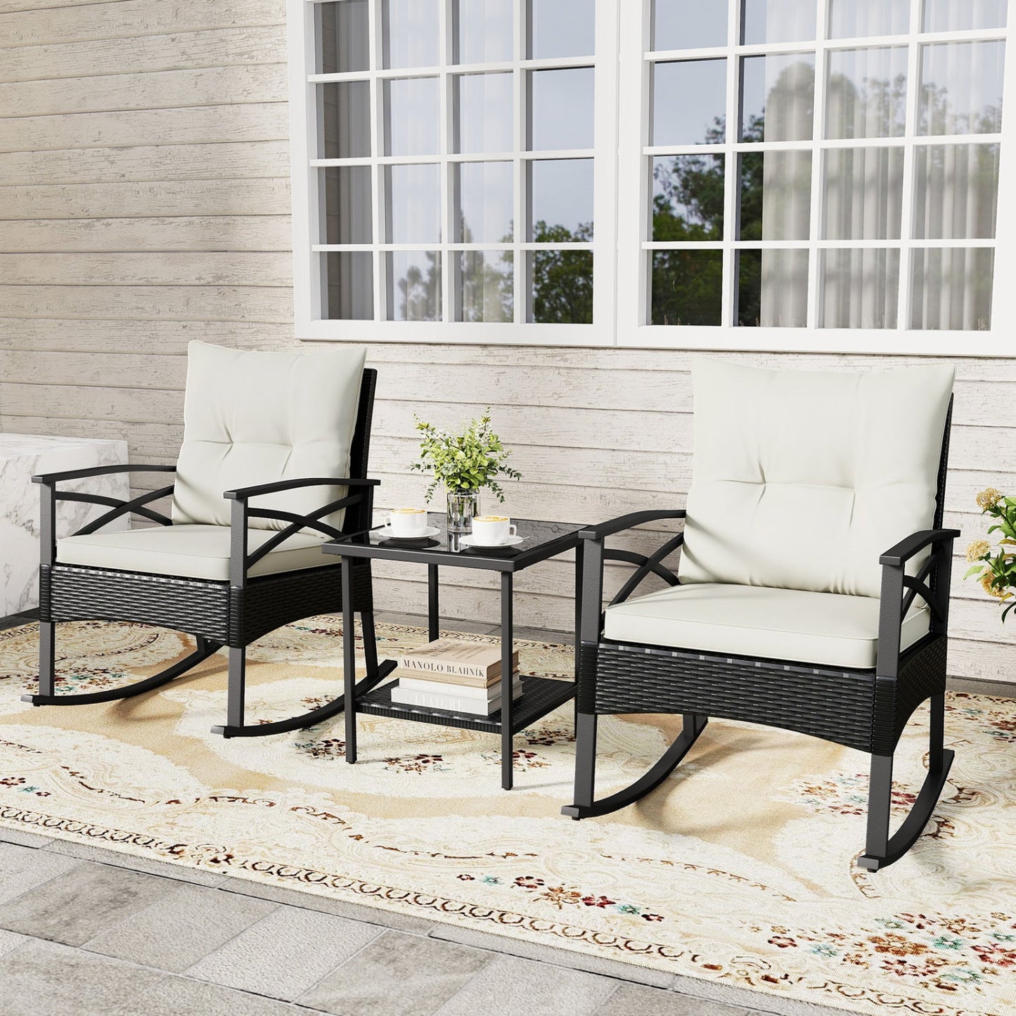3 Pieces Outdoor Rattan Rocking Chairs Set with 2-Tier Side Table for Garden Backyard