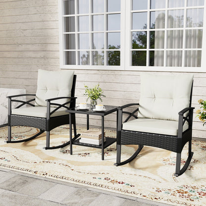 3 Pieces Outdoor Rattan Rocking Chairs Set with 2-Tier Side Table for Garden Backyard