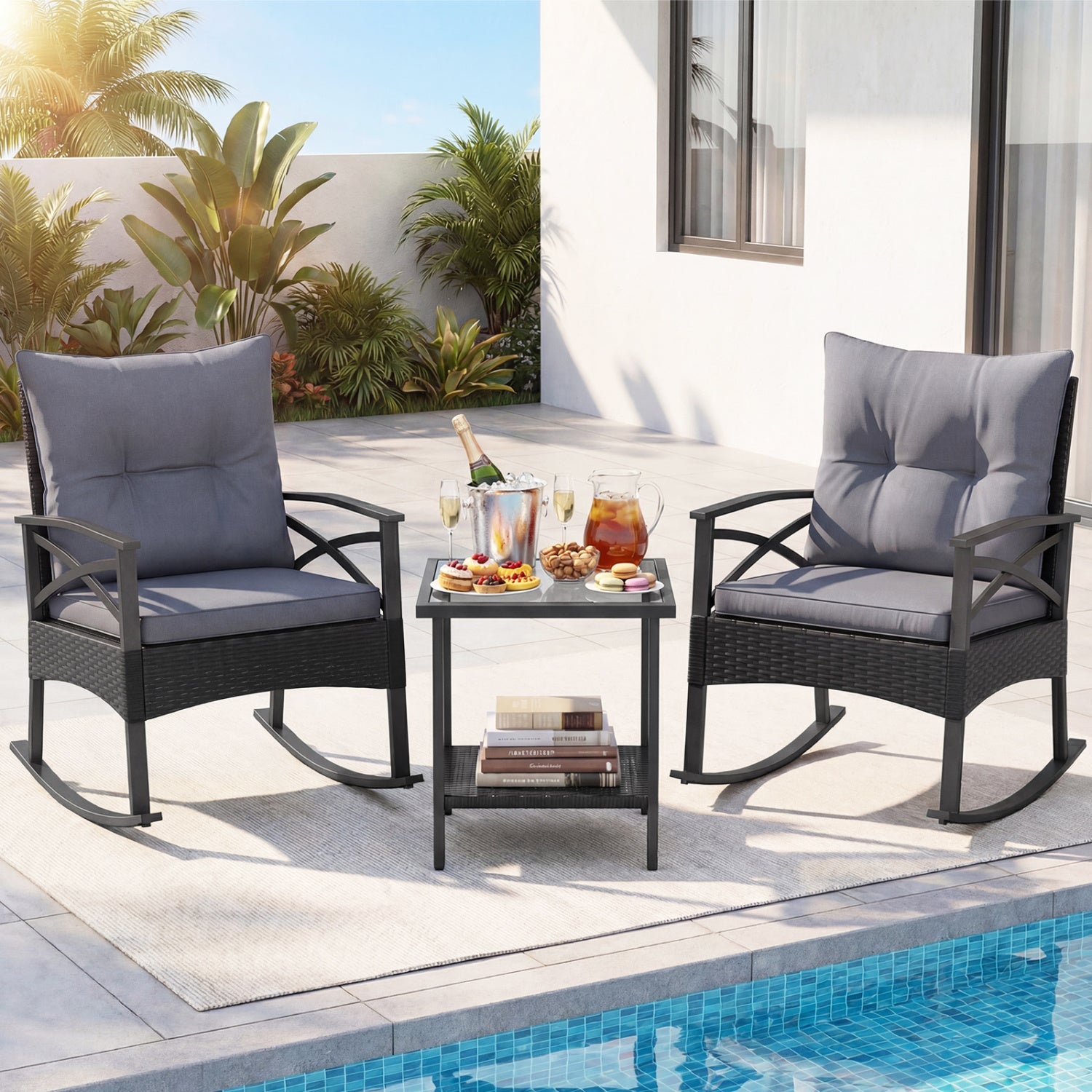 Outdoor rattan rocking chair set with glass-top side table; two dark-wicker chairs with gray cushions on Tampa Home & Garden Store