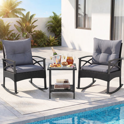 Outdoor rattan rocking chair set with glass-top side table; two dark-wicker chairs with gray cushions on Tampa Home & Garden Store