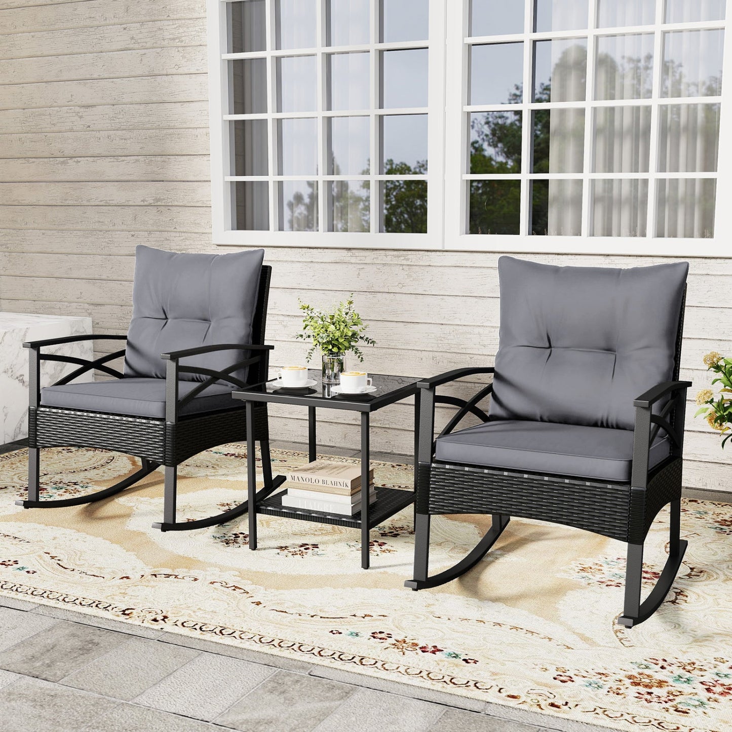 Outdoor rattan rocking chair set with glass-top side table, 3-piece patio set with gray cushions on Tampa Home & Garden Store