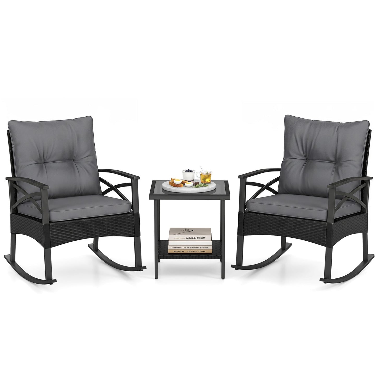 Outdoor Rattan Rocking Chairs and Side Table