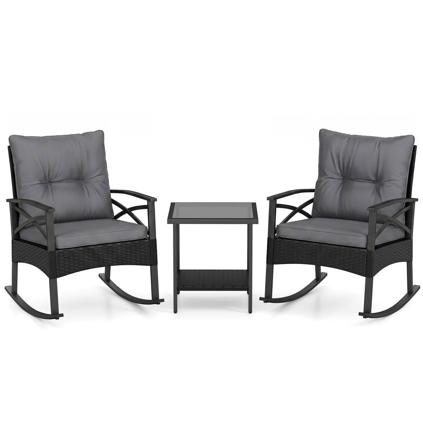 Outdoor Rattan Rocking Chairs with Side Table, 2 chairs and table, DirectDeals gray cushions on Tampa Home & Garden Store
