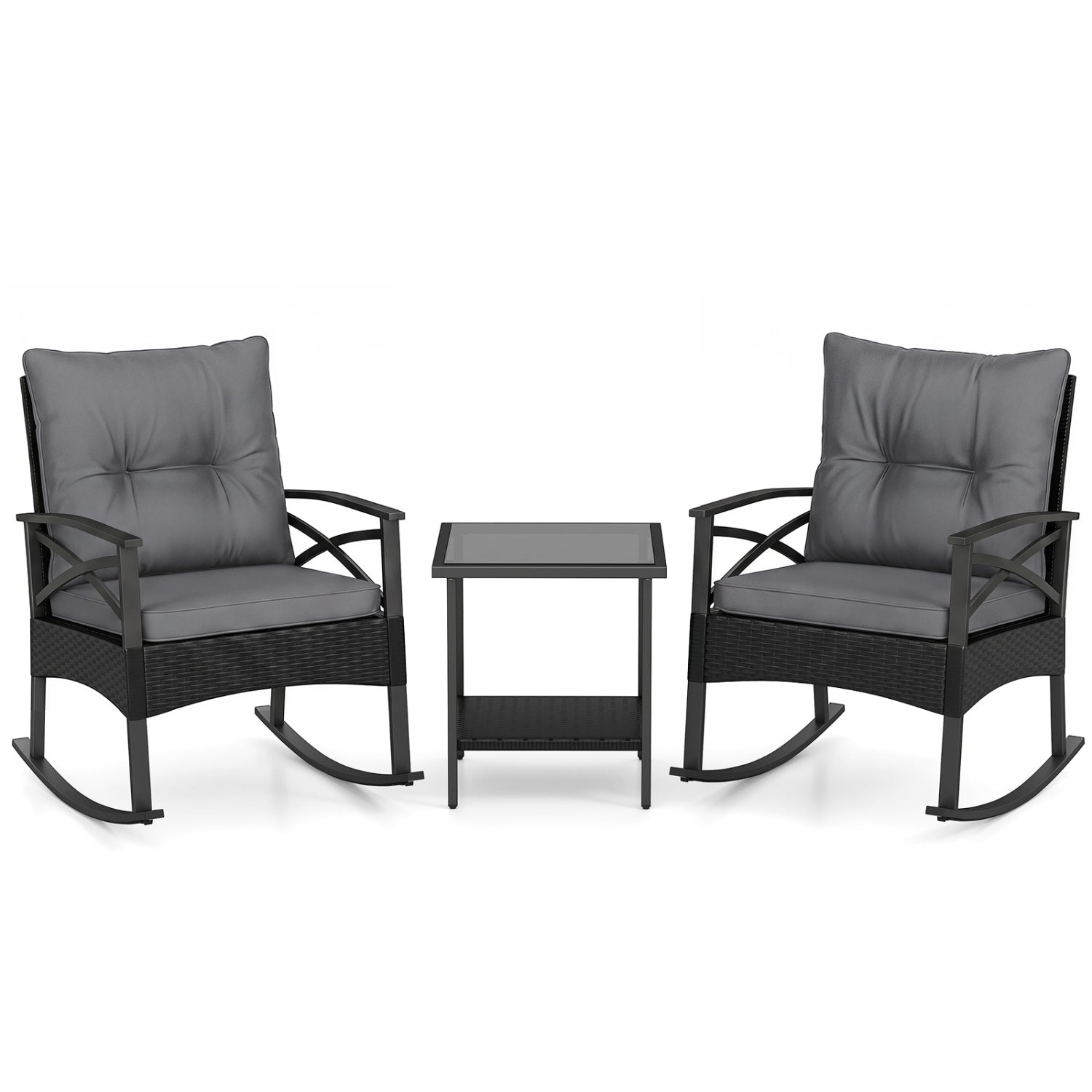 Outdoor Rattan Rocking Chairs with Side Table, 2 chairs and table, DirectDeals gray cushions on Tampa Home & Garden Store