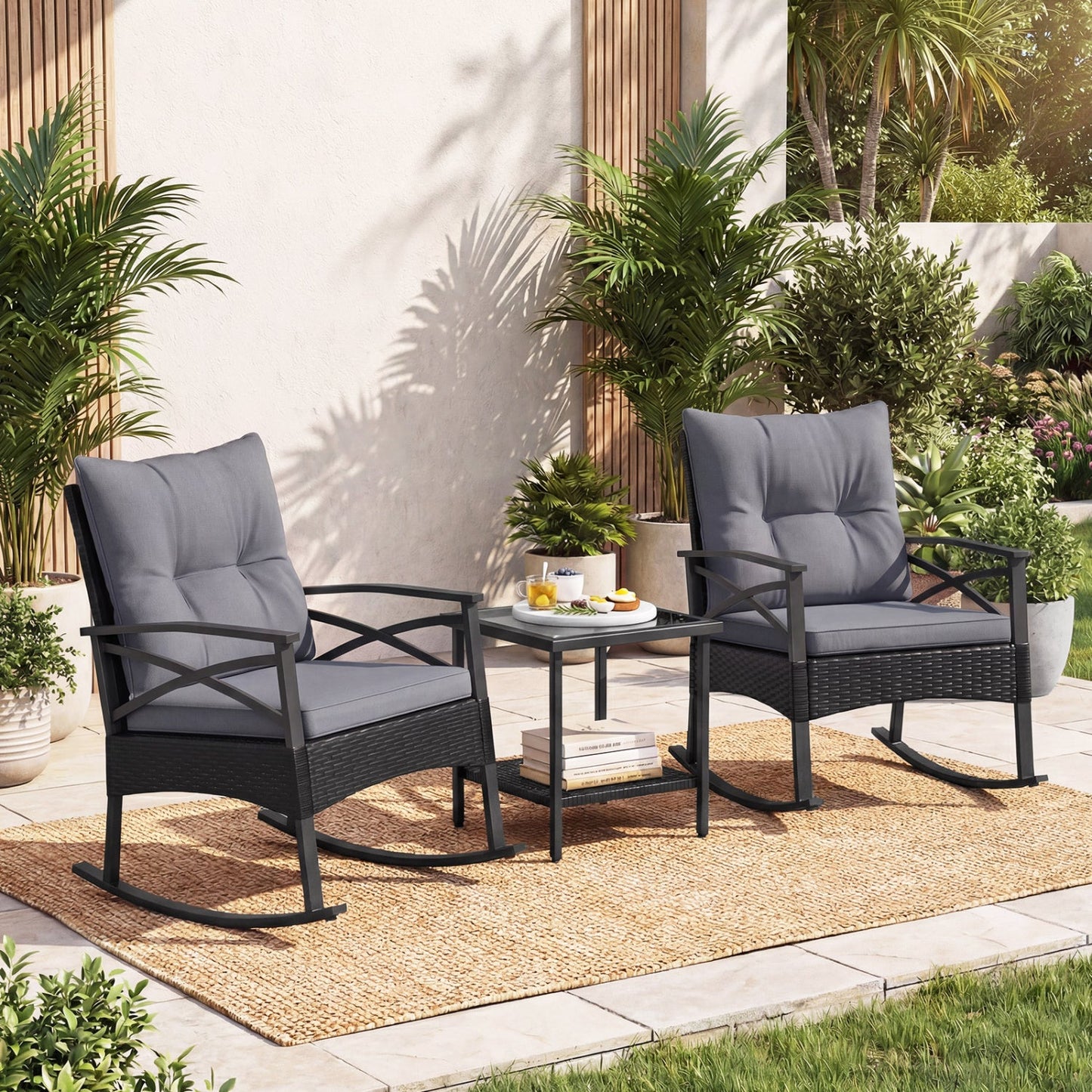 Outdoor Rattan Rocking Chair Set with Side Table in black wicker with gray cushions on a patio on Tampa Home & Garden Store