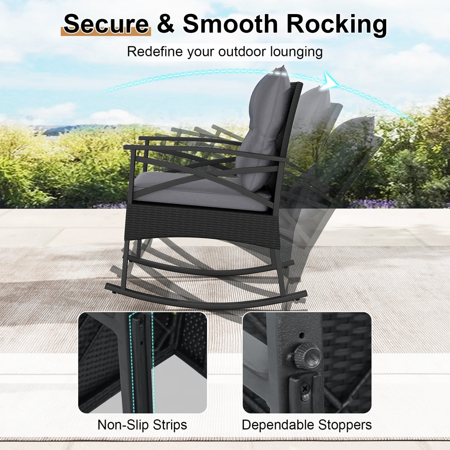 DirectDeals outdoor rattan rocking chair set with side table, black wicker, cushioned seats, 3pc on Tampa Home & Garden Store
