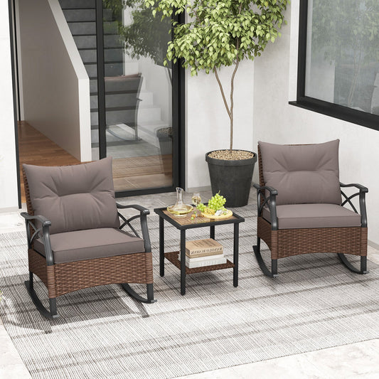 3 Pieces Outdoor Rattan Rocking Chairs Set with  2-Tier Side Table for Garden Backyard-Brown - Tampa Home & Garden Store