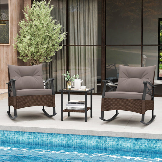 3 Pieces Outdoor Rattan Rocking Chairs Set with  2-Tier Side Table for Garden Backyard-Brown - Tampa Home & Garden Store