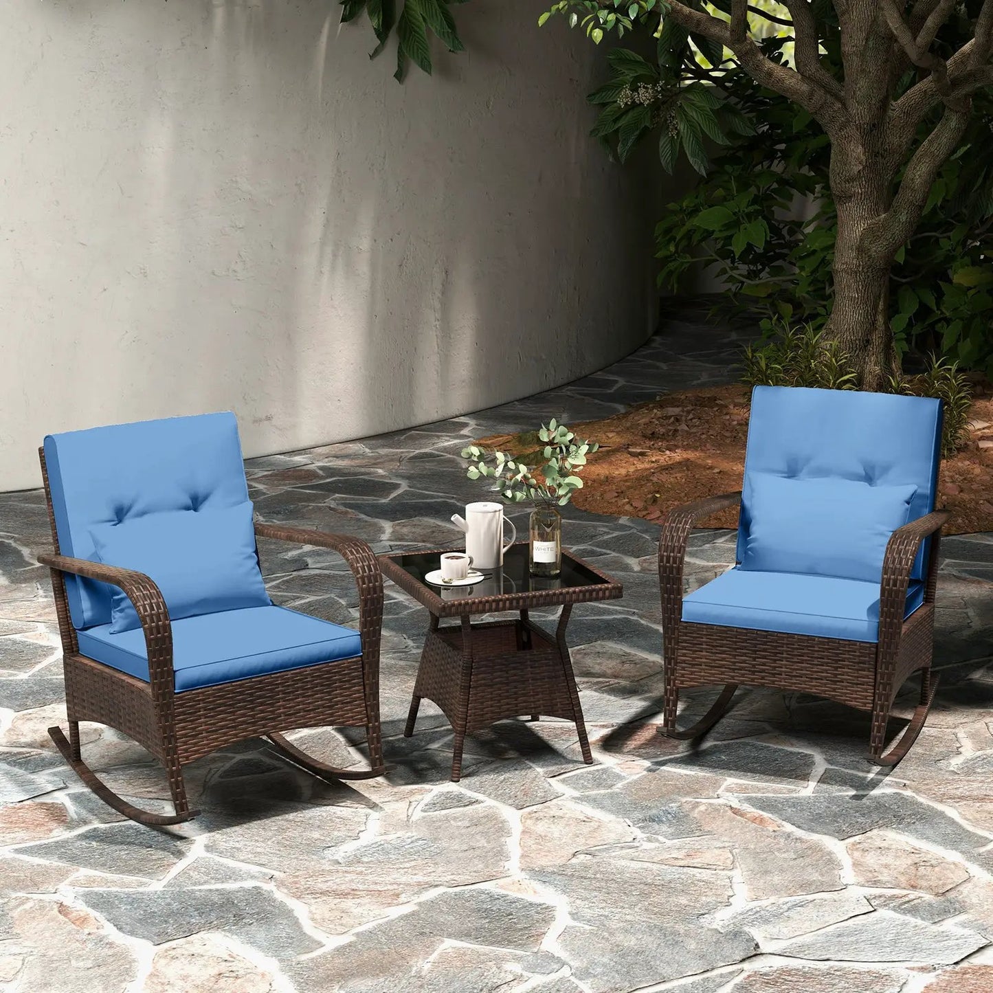 3 Piece Patio Set with Cushions and Rattan Table