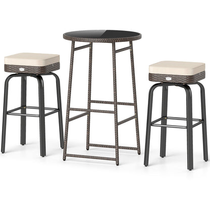 3 Pieces Outdoor Swivel Bar Set PE Rattan Bar Height Table with 2 Chairs-White