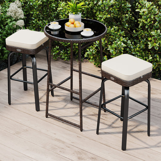 3 Pieces Outdoor Swivel Bar Set PE Rattan Bar Height Table with 2 Chairs-White - Tampa Home & Garden Store