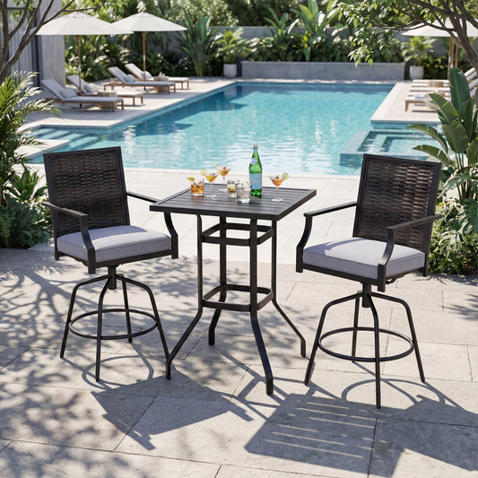 3 Pieces Outdoor Swivel Bar Set High Top Patio Bar Table and Rattan Wicker Chairs - Tampa Home & Garden Store