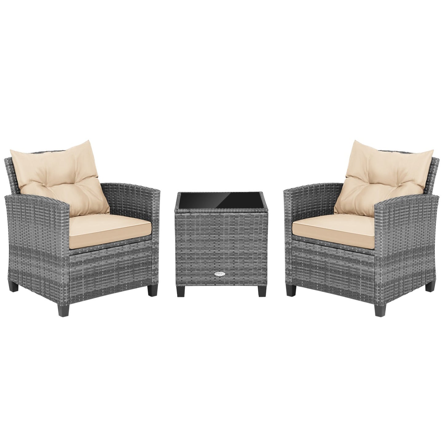 3 Pieces Outdoor Wicker Conversation Set with Tempered Glass Tabletop-Black