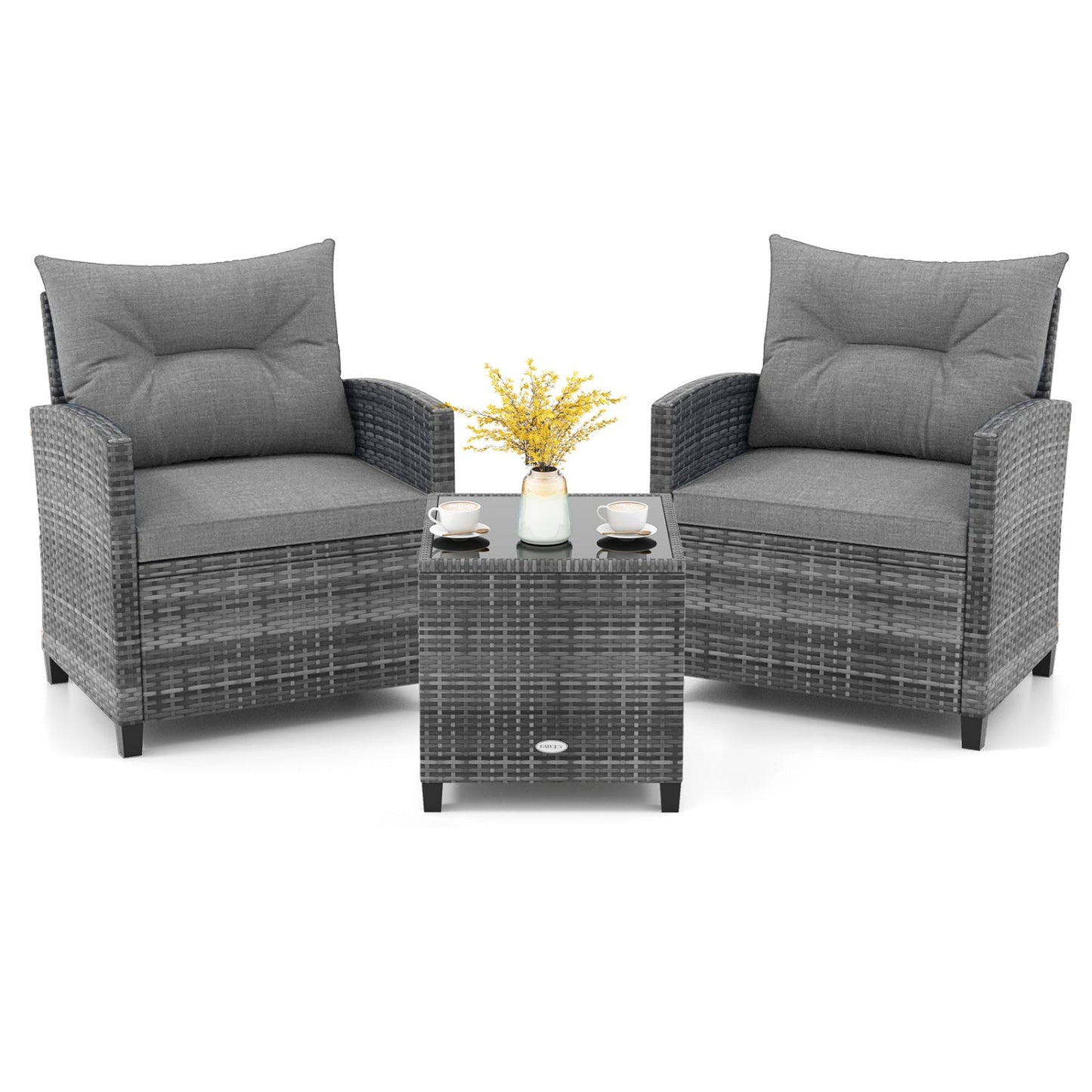 3 Pieces Outdoor Wicker Conversation Set with Tempered Glass Tabletop-Black
