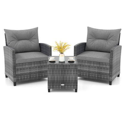 3 Pieces Outdoor Wicker Conversation Set with Tempered Glass Tabletop-Black