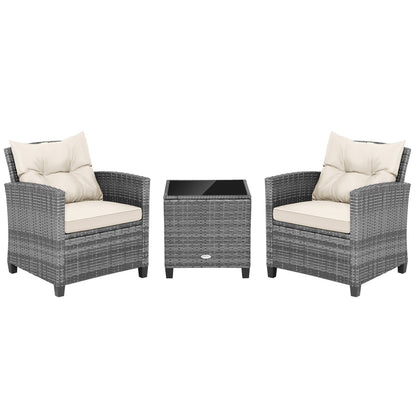3 Pieces Outdoor Wicker Conversation Set with Tempered Glass Tabletop-Black