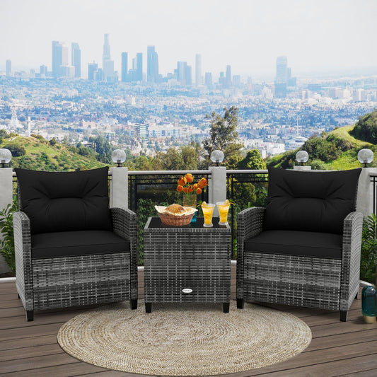 3 Pieces Outdoor Wicker Conversation Set with Tempered Glass Tabletop-Black - Tampa Home & Garden Store