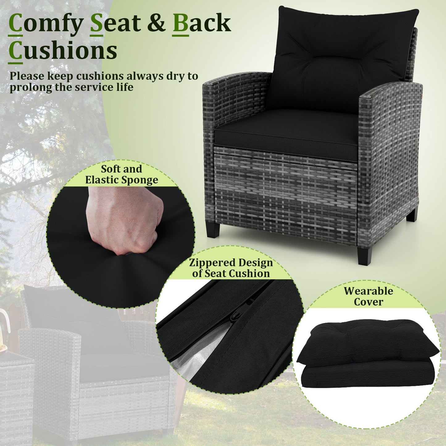 3 Pieces Outdoor Wicker Conversation Set with Tempered Glass Tabletop-Black